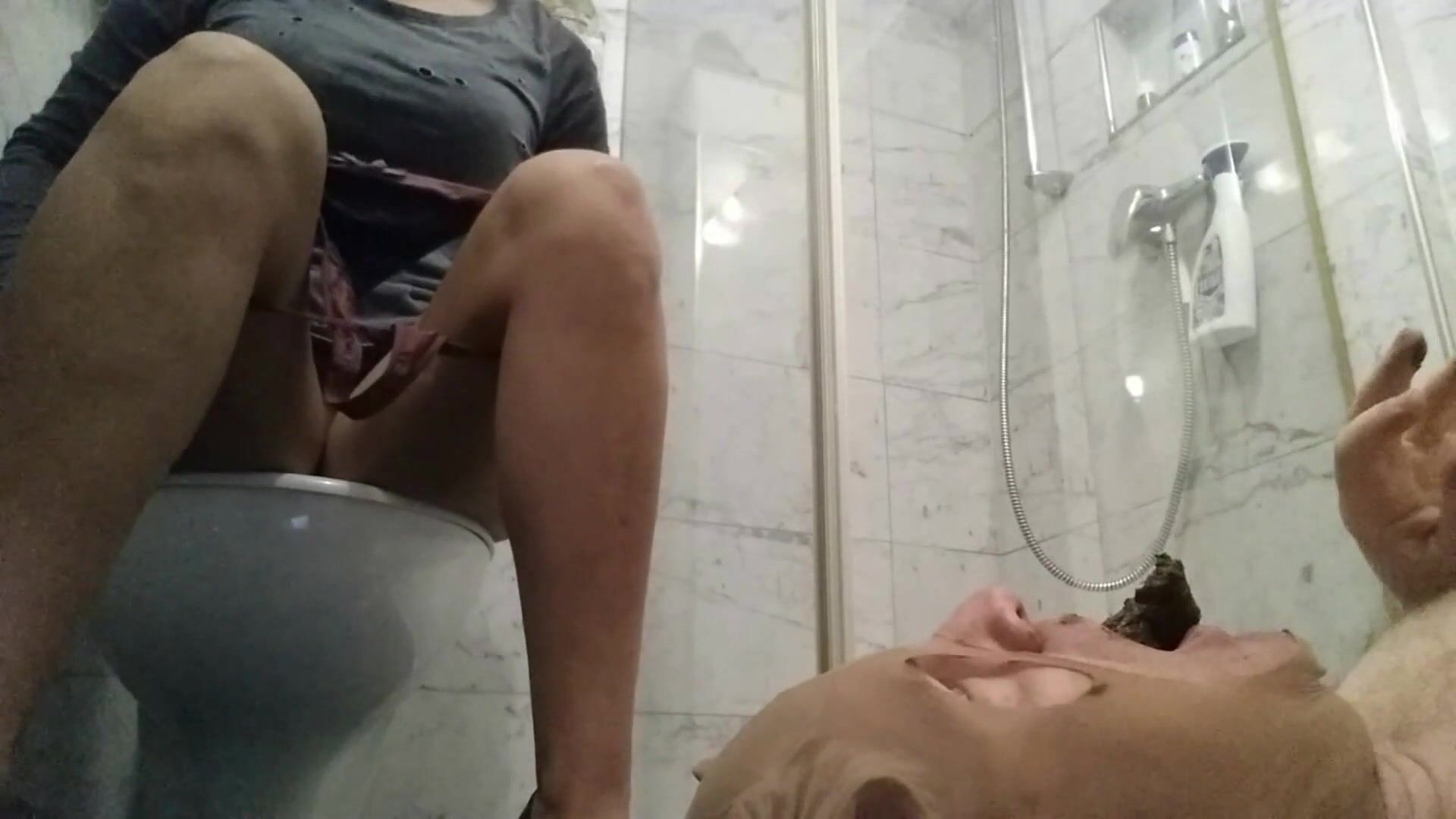 German scat mistress shitting and pissing directly in toilet slave