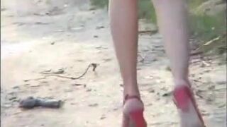 Naked teen girl pooping outdoors
