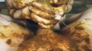 Scat naughty girl rides throbbing cock unloading thick steaming turd mid-thrust coating shaft then smears warm kaviar everywhere deepthroating gagging messily