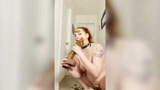 Scat MILF in yellow heels fucks ass with dildo then smears creamy shit on face and boobs